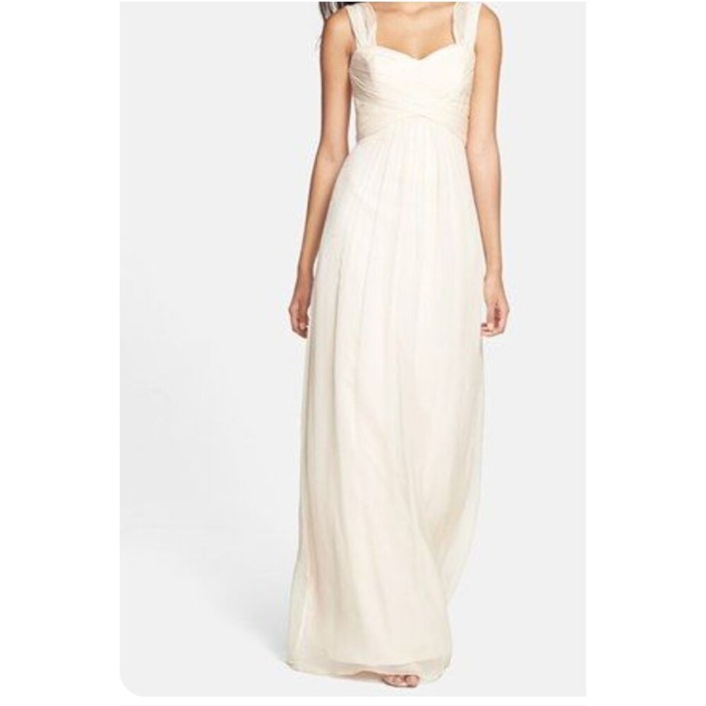 Amsale Womens Sz 16 Pink Silk Crinkle Chiffon Bridesmaid Dress Full Length Gown